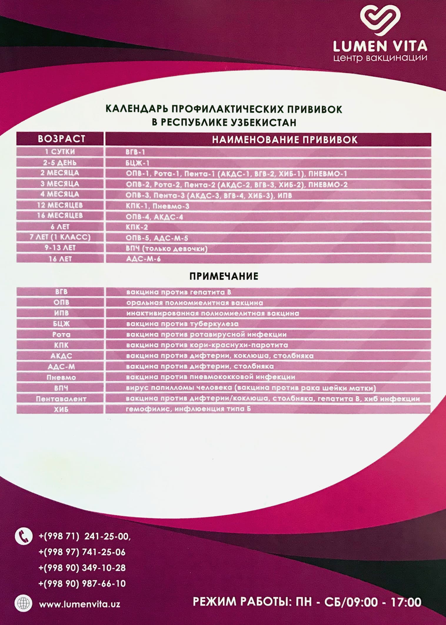Календарь прививок — Lumen Vita - Центр вакцинации в Ташкенте